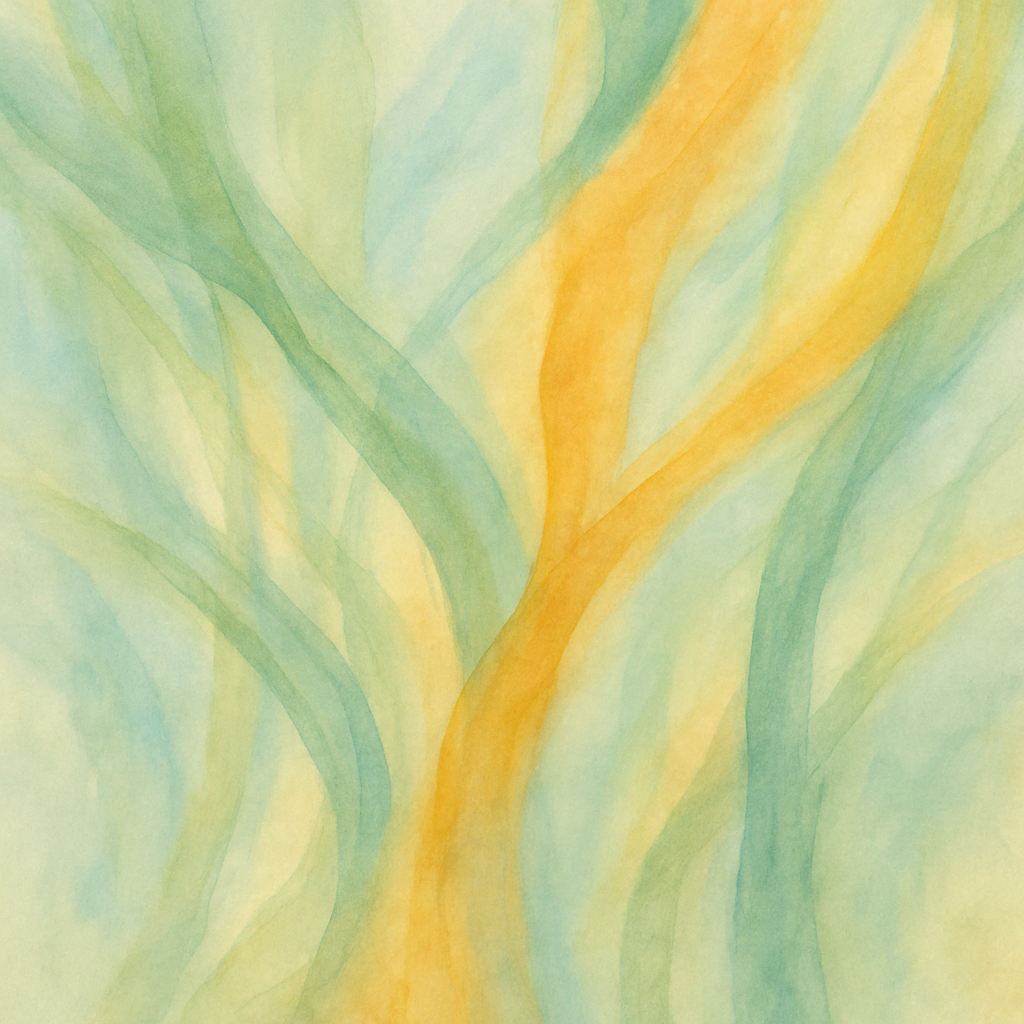 early-morning garden path with young saplings catching soft light